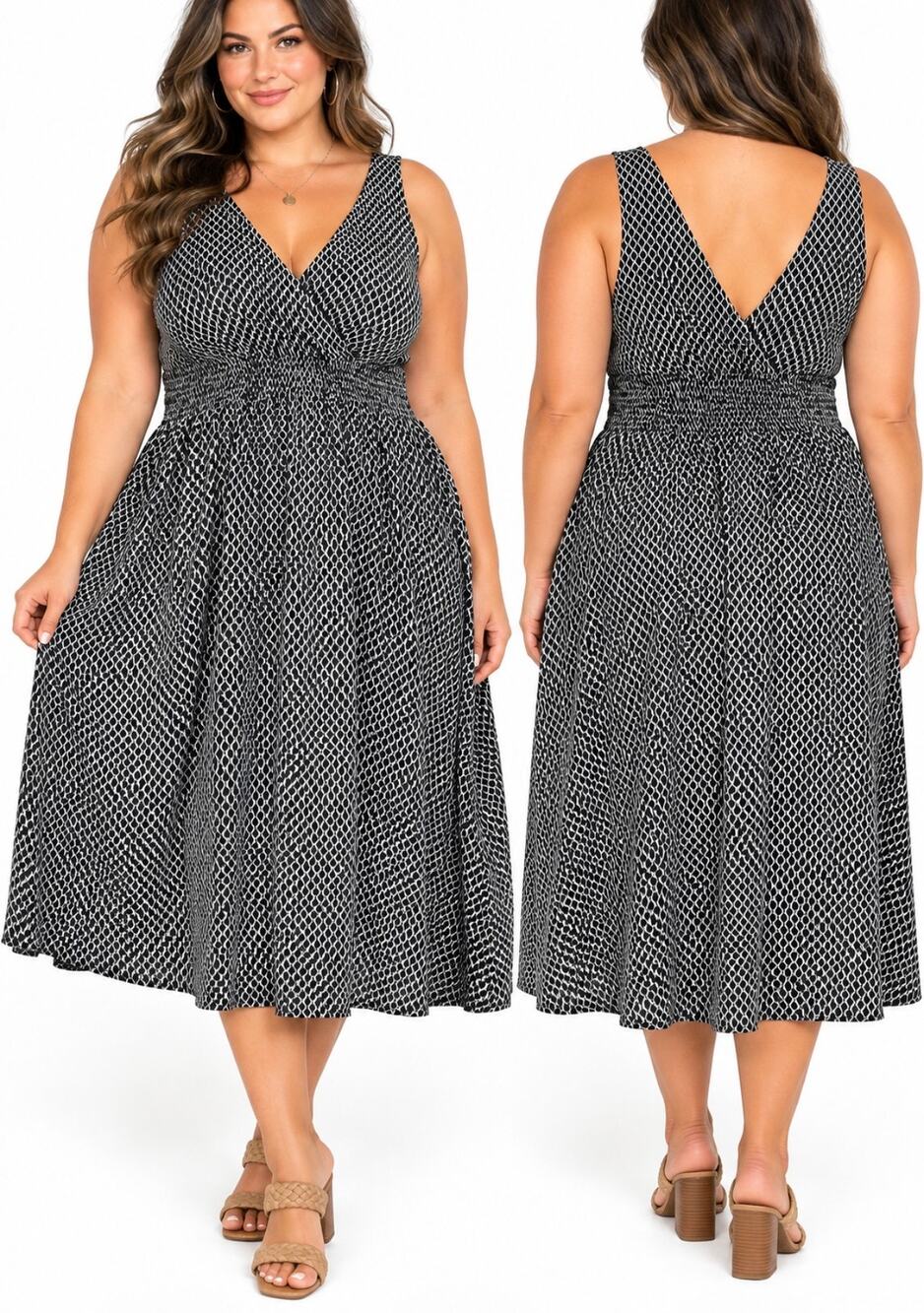 Avenue Plus Size 18/20 Black White Geometric Print Smocked Waist Midi Dress